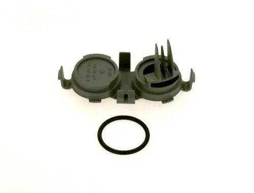 Deckel von Bosch, besteht aus grauem Kunststoff, hat eine runde Form mit seitlichen Halterungen und einer O-Ring-Dichtung, die separat liegt.